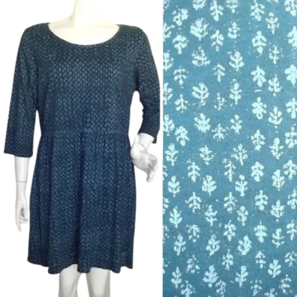 PERUVIAN CONNECTION Dress, L, Teal, Block Print, 3/4 sleeves, Pima Cotton